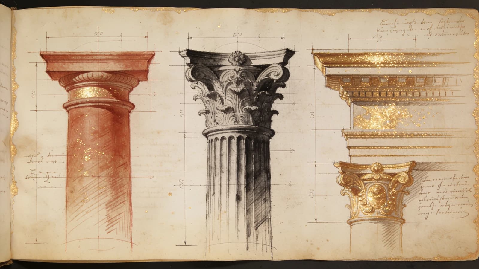 Illustrated plate from the Maison codex: capital studies and construction lines