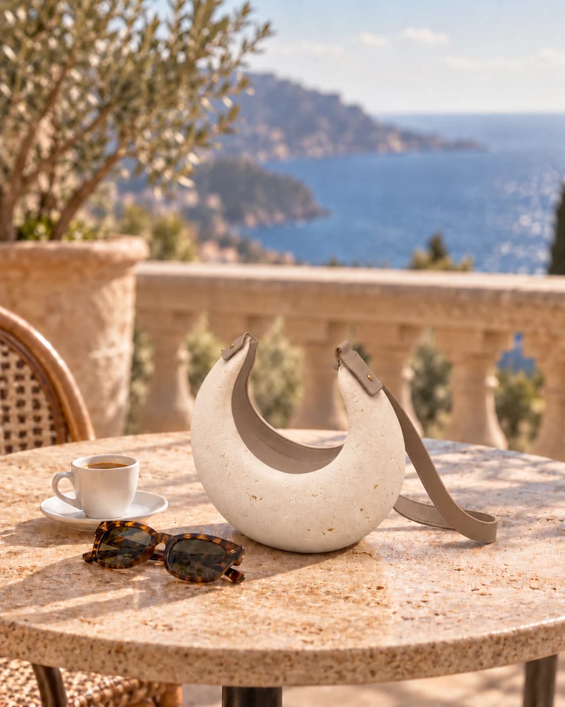 Visualisation of PORTALE V15 on a terrace table facing the sea, its taupe strap resting on the stone, beside a coffee and sunglasses