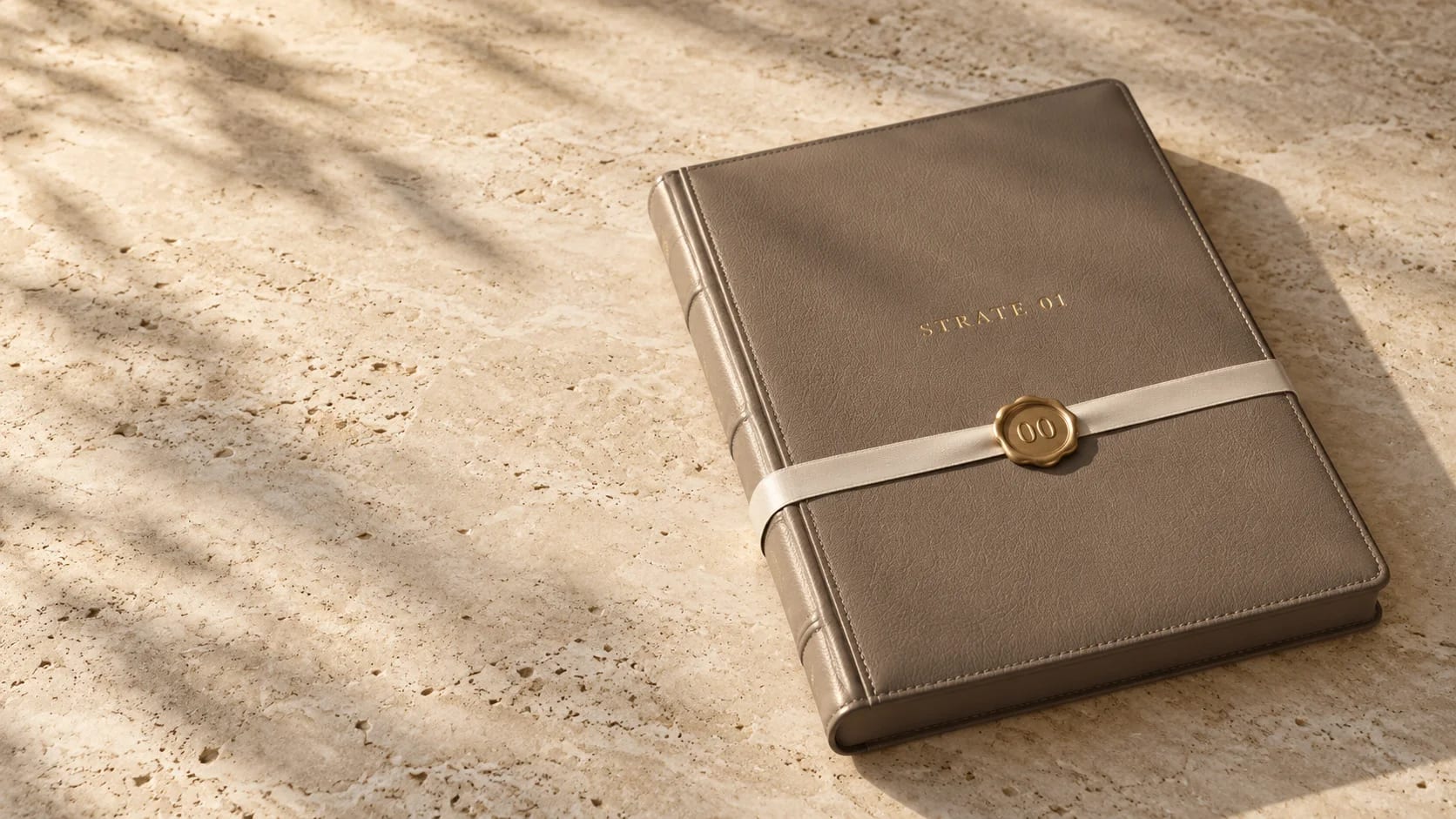 The Maison’s register, closed, taupe leather cover stamped STRATE 01, sealed with a wax seal bearing No. 00